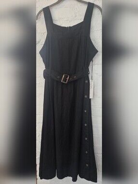 Nicole Miller New York Black Sleeveless Midi Dress Belted Waist and Side Buttons